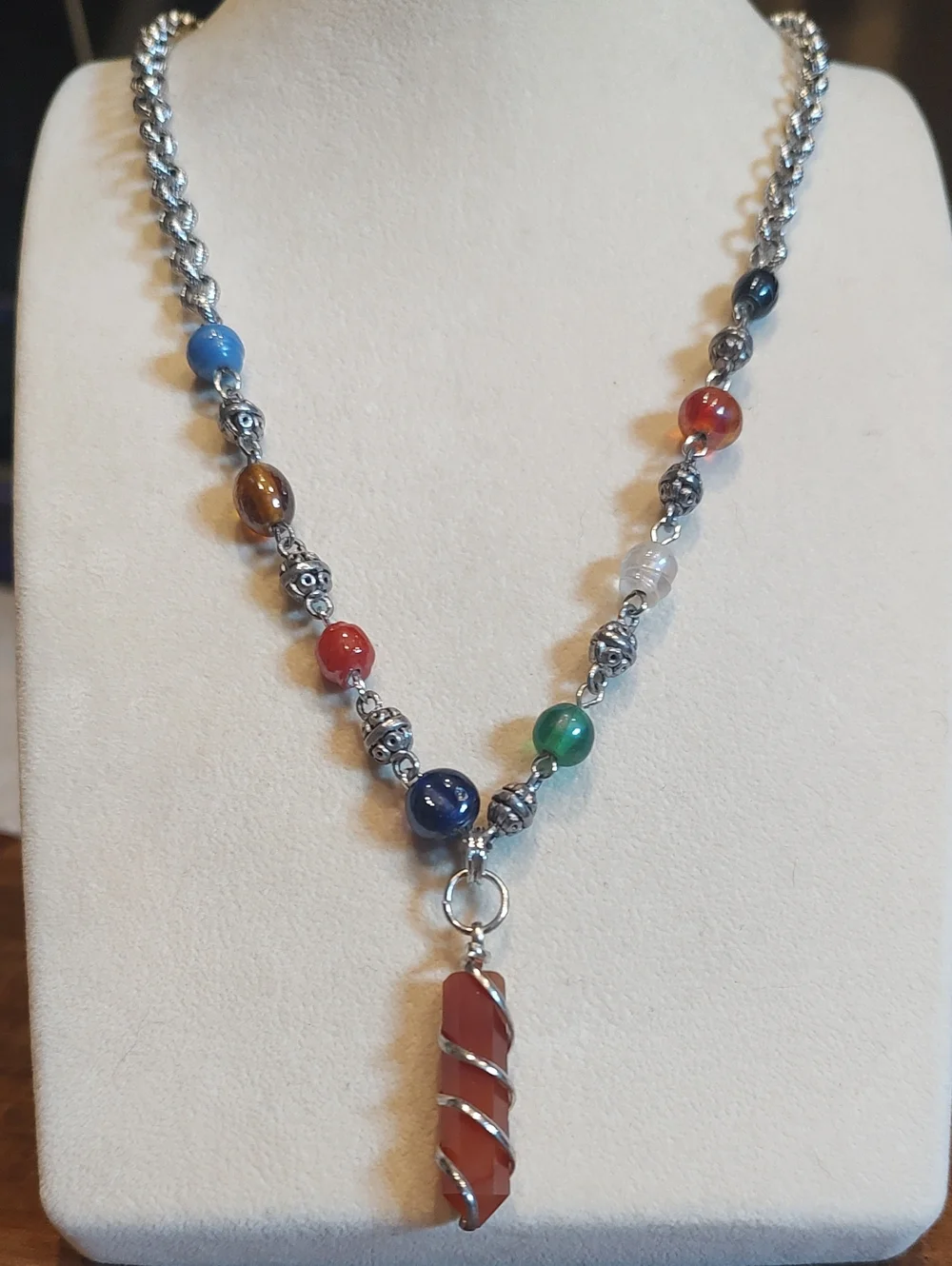 Carnelian Pendant And Beaded Chain/Rolo Link Chain 19